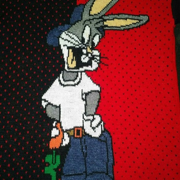 1996 Vintage Bugs Bunny Ugly Christmas Sweater Looney Tunes Black Red Hearts VTG - Picture 3 of 12